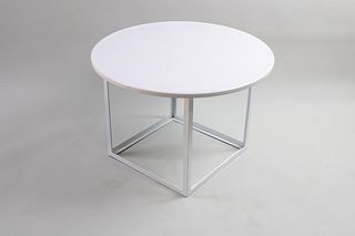 Mid Century Modern Cubist Metal Table with Round Milk Glass Top