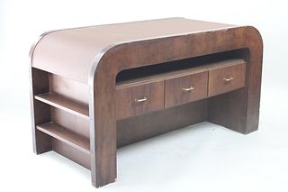 Pair of Mid-Century Modern Leather Top Desk Console Tables, Art Deco