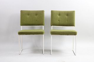 Pair of White Metal Cubist Framed Chairs Green Upholstery, Mid Century Modern