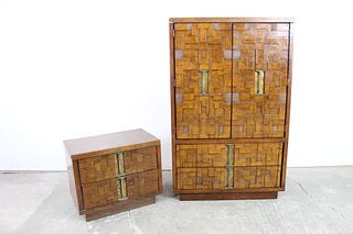 Mid-Century Modern Brutalist Woodblock Wardrobe & End Table