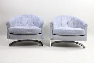 Chrome and Light Blue Suede Contemporary Modern Club Chairs