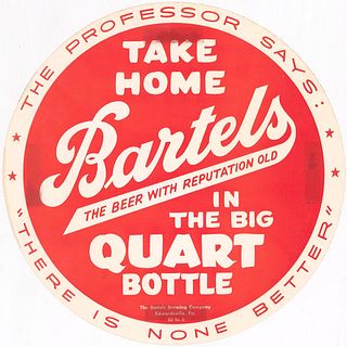 1935 Bartels Beer Paper Tacker Sign Wilkes-Barre Pennsylvania