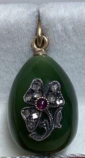 RUSSIAN GOLD, NEPHRITE EGG PENDANT WITH DIAMONDS