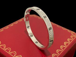 Cartier 18K White Gold Diamond-Paved Ceramic Love Bracelet Size 20