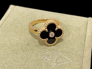 Van Cleef & Arpels Vintage Alhambra 18K Yellow Gold Diamond Onyx Ring
