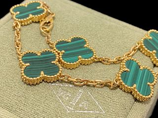 Van Cleef & Arpels Vintage Alhambra Bracelet 5 Motif 18k Yellow Gold Malachite.