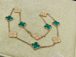 Van Cleef & Arpels Vintage Alhambra Necklace 10 motif 18k Yellow Gold Malachite Diamonds