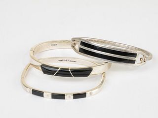 Vintage Taxco Collection of Sterling Silver & Onyx Bangle Bracelets 