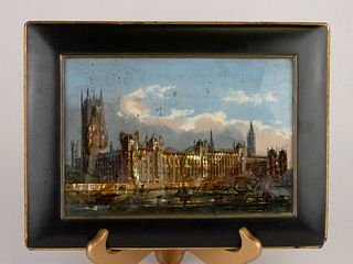 1860 Papier Mache Blotter~ Reverse Painted Palace of Westminster, London