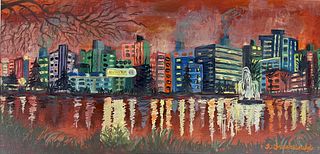 Pat Greenwald~ Modernist Cityscape Oil Painting on Board