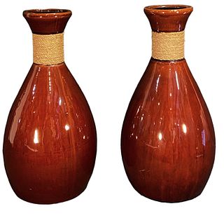 Mid Century Ceramic and Rattan Vases, Pair