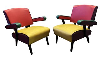 Post Modern Memphis Style Color Block Arm Chairs, Pair