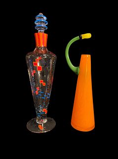 Signed Post Modern Art Glass Decanter & Vase