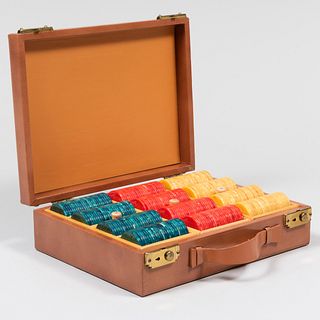Set of Bakelite Game Markers in a Leather Case