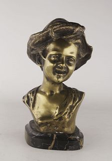 Bronze bust sculpture of a boy wearing a hat on the marble base. Signed by Giovanni de Martino