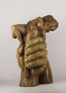 Figure of a woman resting on two hands, wood carving.