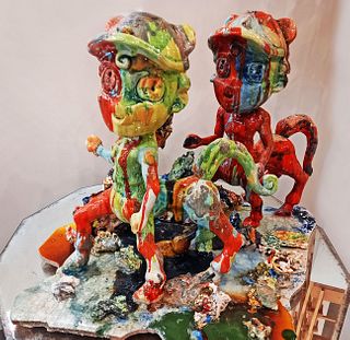 Sculpture made of enameled ceramic and glass by the artist Ernesto Arellano called "Centaurs on excursion"