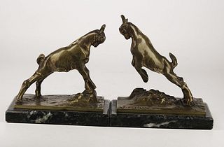 Pair of Art Deco bookends rams bronze signed J. Da Silva
