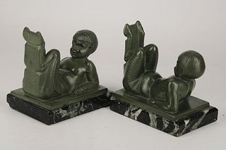 Pair of Art Deco Bookends of fauns figures C. Charles