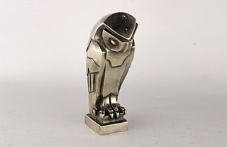 Art Deco nickelled bronze owl-form Car Mascot signed E.M. SANDOZ