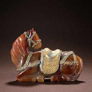 AGATE&GOLD CARVED HORSE PATTERN PENDANT