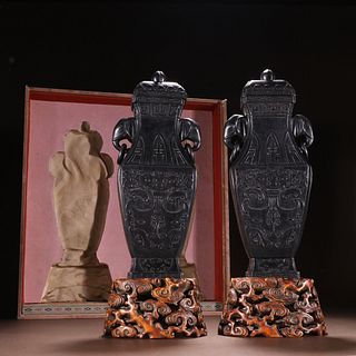 PAIR OF CHENXIANG WOOD CARVED VASES