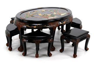 Chinese Black Lacquer Tea Table & Six (6) Stools