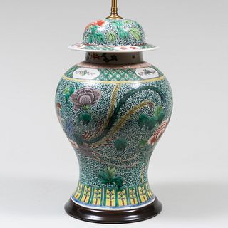 Chinese Famille Verte Porcelain Ginger Jar Mounted as a Lamp