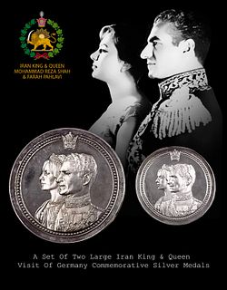 A Set Of Two Large Iran King & Queen Visit Of Germany Commemorative Silver Medals