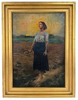 Antique Oil on Canvas Woman With Sickle