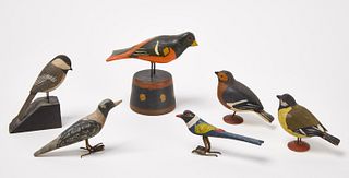 Six Carved and Painted Songbirds