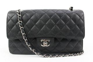 CHANEL RARE SILVER HW BLACK QUILTED CAVIAR MEDIUM CLASSIC DOUBLE FLAP