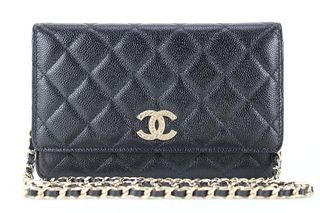 CHANEL 2022 BLACK QUILTED CAVIAR LEATHER WALLET ON CHAIN GOLD HARDWARE