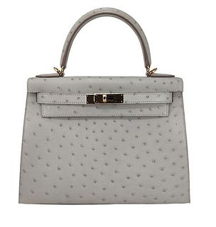HERMES KELLY 28 SELLIER OSTRICH GRIS PERLE