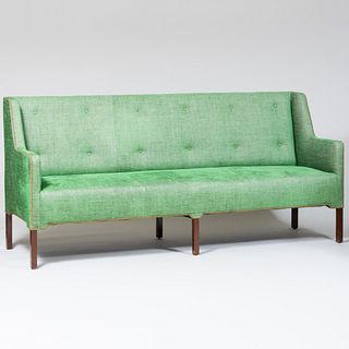 Contemporary Tufted Green Silk Linen Upholstered Stained Wood Sofa, in the Style of Kaare Klint 