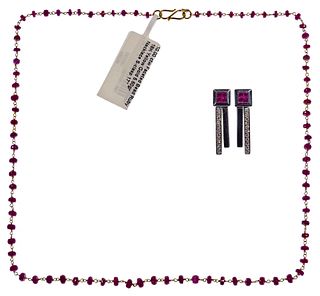18k Gold and Ruby Pierced Earrings and Necklace