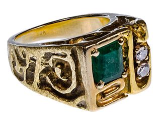 14k Yellow Gold, Emerald and Diamond Ring