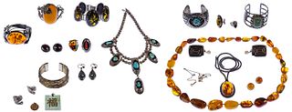 Sterling Silver, Amber, Turquoise and Coral Jewelry Assortment