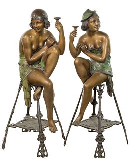 (After) Ferdinando De Luca (Italian, 1785-1869) 'Seated Flapper Girls' Patinated Bronze Sculptures