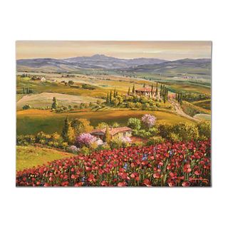 Sam Park, "Tuscany Red Poppies" Hand Embellished Limited Edition Serigraph on Canvas, Numbered and Hand Signed with Letter of Authenticity.