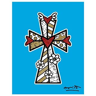 Britto, "Blessings (Blue)" Hand Signed Limited Edition Giclee on Canvas; Authenticated.
