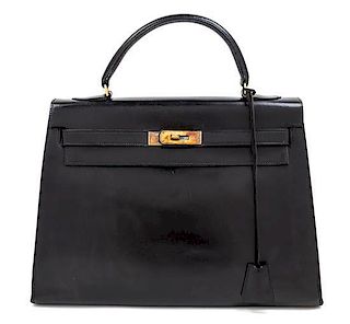 An Hermes Noir Box Calf 32cm Kelly Handbag, 12" x 9" x 5".