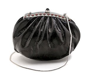 * A Judith Leiber Black Lizard Evening Handbag, 7.5" x 6" x 2"