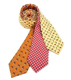 A Group of Three Hermes Silk Neckties, Width: 3.5"