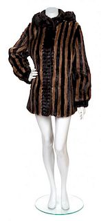 A Brown Mink Striped Hooded Jacket, No Size.