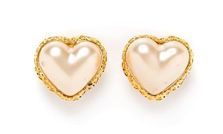 A Pair of Chanel Faux Pearl Heart Earclips, 1".