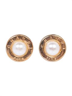 A Pair of Chanel Goldtone and Faux Pearl Disc Earrings,