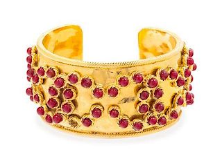 A Chanel Goldtone and Red Gripoix Cuff, 7" x 1.75".
