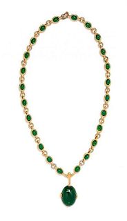 A Jomaz Green Cabachon and Goldtone Necklace,