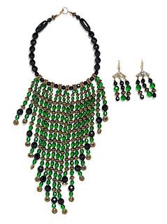 A Black and Green Fringe Necklace with Matching Earclips,